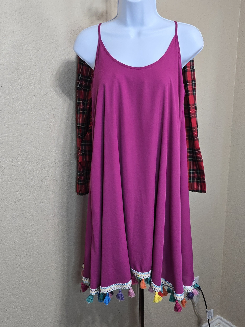 Judith March Magenta Tassel-Trim Slip Dress